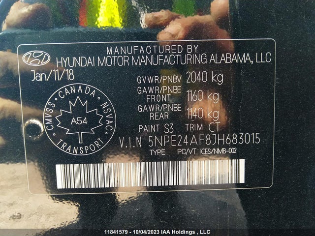 Продаж на аукціоні авто 2018 Hyundai Sonata Gl, vin: 5NPE24AF8JH683015, номер лоту: 11841579
