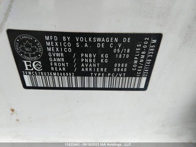 3VWC57BU3KM046992 Volkswagen Jetta Comfortline