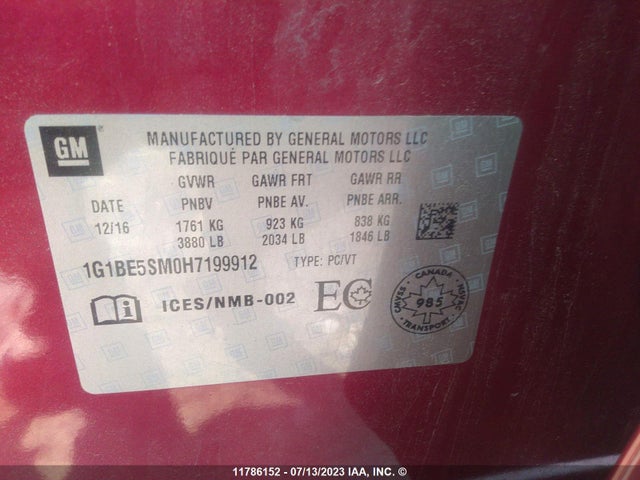 Chevrolet CRUZE LT 2017 1G1BE5SM0H7199912 Image 9