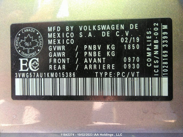 3VWG57AU1KM015386 Volkswagen Golf Comfortline/highline