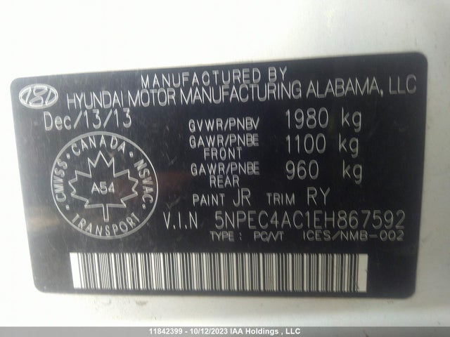 Hyundai Sonata Limited 2014 5NPEC4AC1EH867592 Image 9