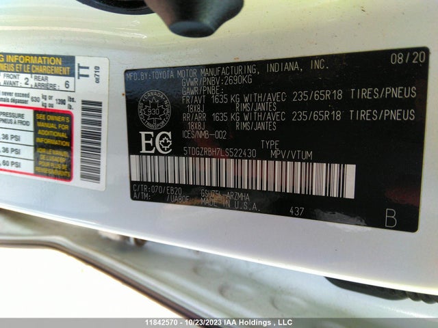 Toyota Highlander Xle 2020 5TDGZRBH7LS522430 Image 9