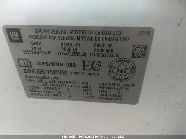 Chevrolet EQUINOX LT 2015 2GNALBEK1F6431620 Image 9