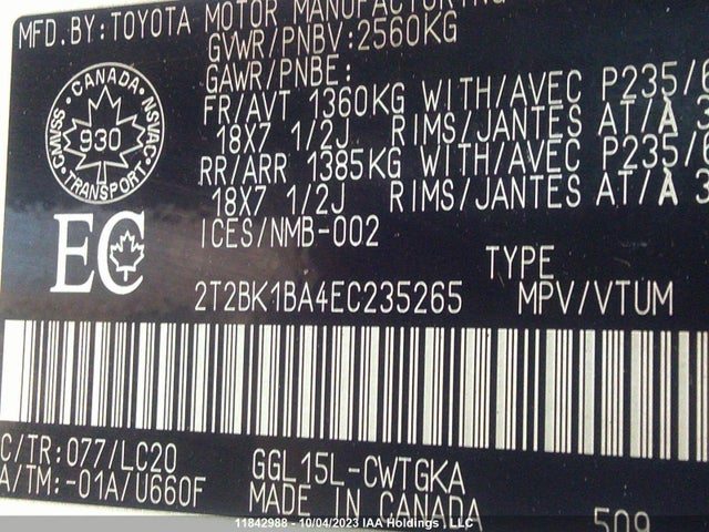 2T2BK1BA4EC235265 Lexus RX 350
