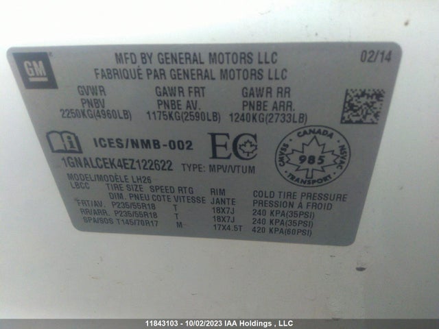 Chevrolet EQUINOX LT 2014 1GNALCEK4EZ122622 Image 9