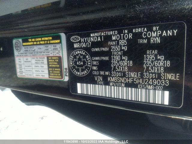 Hyundai SANTA FE 2017 KM8SNDHF5HU249033 Image 9