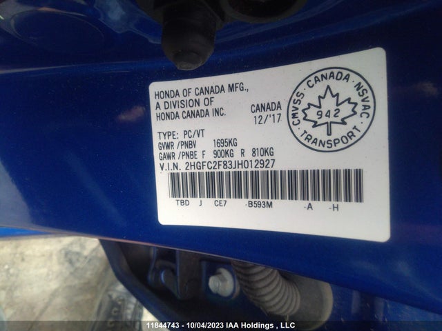 Продаж на аукціоні авто 2018 Honda Civic Sedan Ex, vin: 2HGFC2F83JH012927, номер лоту: 11844743