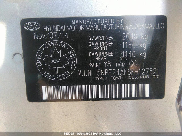 Hyundai Sonata 2.4l Gl 2015 5NPE24AF6FH127521 Image 9