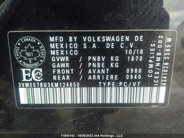 3VWE57BU3KM124650 Volkswagen Jetta Highline