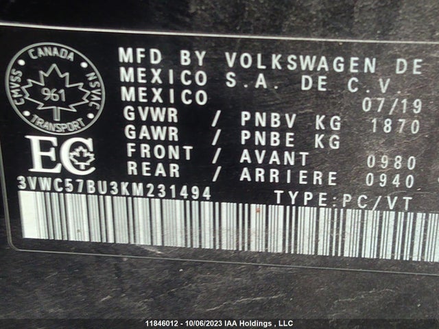 3VWC57BU3KM231494 Volkswagen Jetta Comfortline