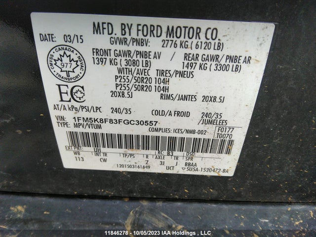 Ford Explorer Limited 2015 1FM5K8F83FGC30557 Image 9
