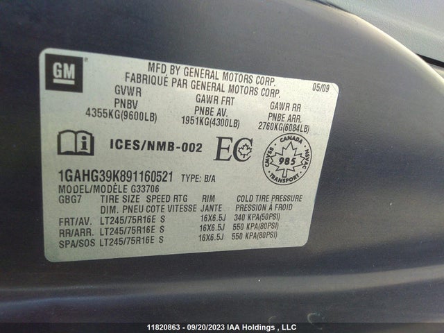 2009 Chevrolet Express Passenger Ls/lt მანქანა იყიდება აუქციონზე, vin: 1GAHG39K891160521, აუქციონის ნომერი: 11820863