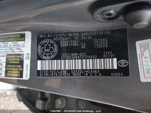 2007 Toyota Avalon Xls მანქანა იყიდება აუქციონზე, vin: 4T1BK36B87U179402, აუქციონის ნომერი: 11847807