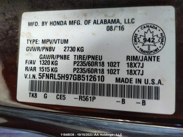 11848038 :رقم المزاد ، 5FNRL5H97GB512610 vin ، 2016 Honda Odyssey Touring مزاد بيع