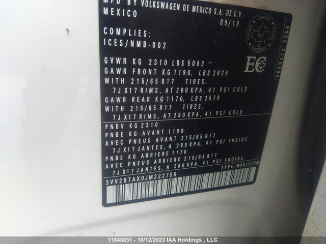 3VV2B7AX0JM222755 Volkswagen Tiguan Comfortline