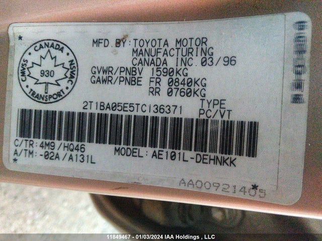 11849467 :رقم المزاد ، 2T1BA05E5TC136371 vin ، 1996 Toyota Corolla Dx مزاد بيع