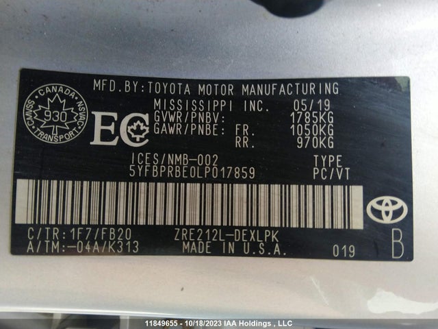 Toyota Corolla Le/l/xle 2020 5YFBPRBE0LP017859 Image 9