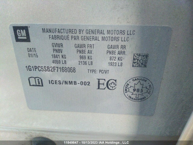 Продаж на аукціоні авто 2015 Chevrolet Cruze 1lt, vin: 1G1PC5SB2F7168068, номер лоту: 11849847