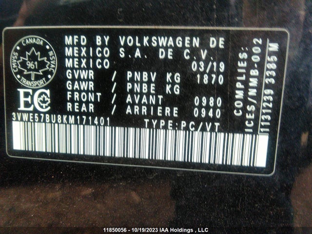 3VWE57BU8KM171401 Volkswagen Jetta Highline