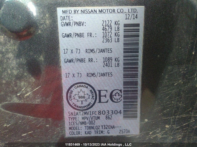 11851469 :رقم المزاد ، 5N1AT2MV1FC803304 vin ، 2015 Nissan Rogue S/sl/sv مزاد بيع