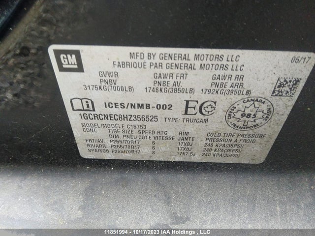 11851994 :رقم المزاد ، 1GCRCNEC8HZ356525 vin ، 2017 Chevrolet Silverado 1500 Work مزاد بيع