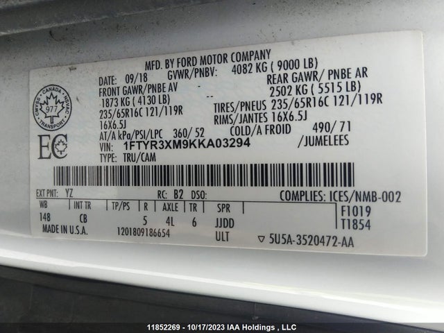 Ford TRANSIT VAN 2019 1FTYR3XM9KKA03294 Image 9