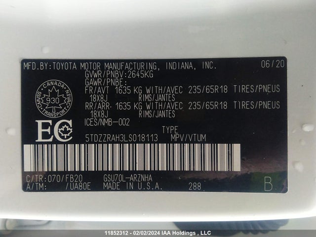 Toyota Highlander L 2020 5TDZZRAH3LS018113 Image 9