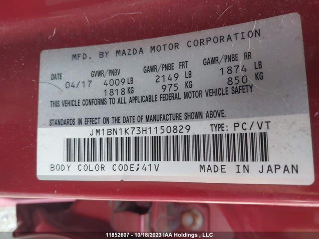 JM1BN1K73H1150829 Mazda Mazda3 Gx
