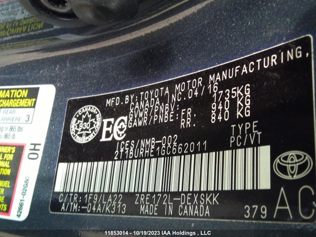 Toyota COROLLA CE/S/LE 2016 2T1BURHE1GC662011 Image 9