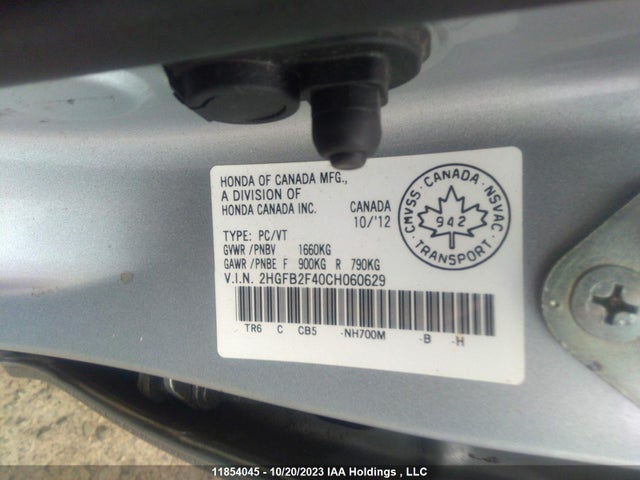 Продажа на аукционе авто 2012 Honda Civic Sdn Lx, vin: 2HGFB2F40CH060629, номер лота: 11854045