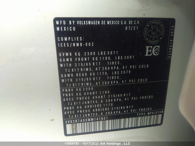 3VV2B7AX6MM141621 Volkswagen Tiguan Comfortline/united