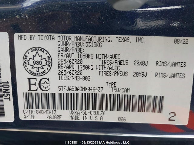 Toyota Tundra Limited 2022 5TFJA5DA3NX046437 Image 9