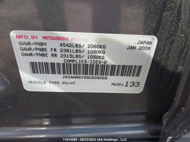 Продажа на аукционе авто 2008 Mitsubishi Lancer Evolution Gsr, vin: JA3AW86V58U608068, номер лота: 11819568