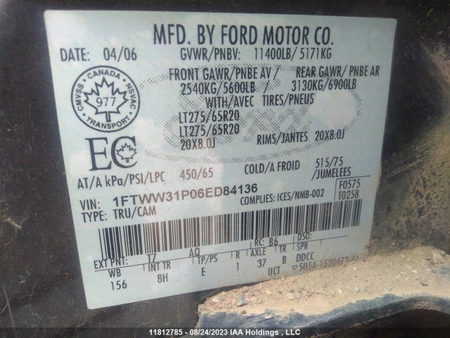 Продажа на аукционе авто 2006 Ford Super Duty F-350 Srw Xl/xlt/lariat, vin: 1FTWW31P06ED84136, номер лота: 11812785