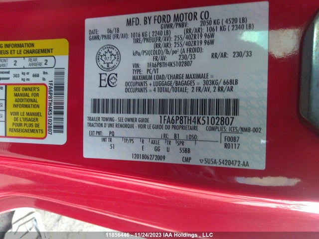 Продажа на аукционе авто 2019 Ford Mustang Ecoboost, vin: 1FA6P8TH4K5102807, номер лота: 11856446