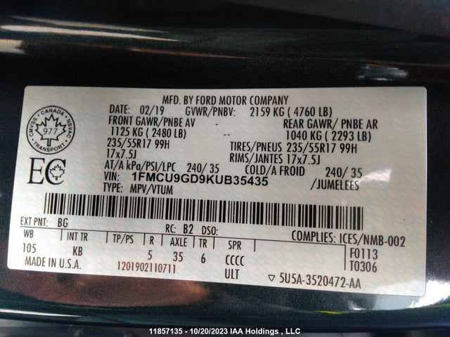 Ford ESCAPE SE 2019 1FMCU9GD9KUB35435 Image 9
