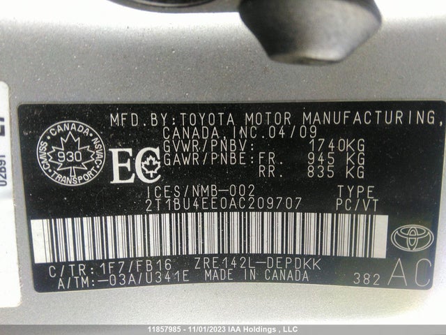 11857985 :رقم المزاد ، 2T1BU4EE0AC209707 vin ، 2010 Toyota Corolla Ce/s/le مزاد بيع