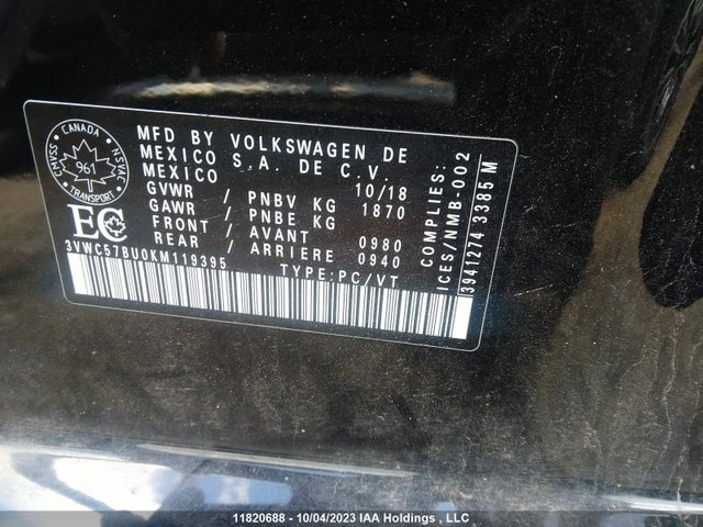3VWC57BU0KM119395 Volkswagen Jetta Comfortline