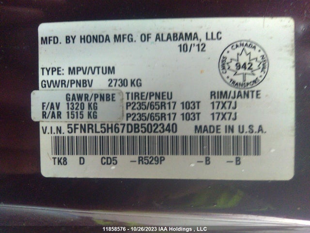 Aukcja sprzedaży 2013 Honda Odyssey Ex-l, vin: 5FNRL5H67DB502340, numer aukcji: 11858576
