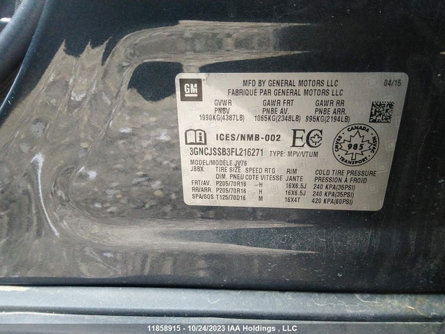 Chevrolet TRAX 2015 3GNCJSSB3FL216271 Image 9