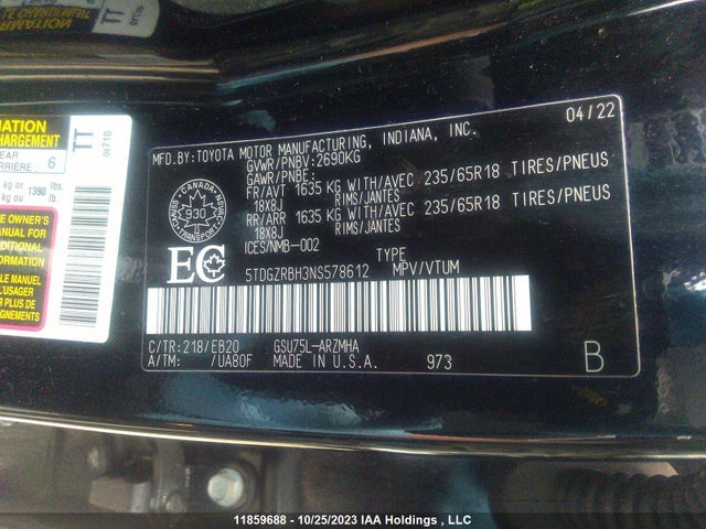 Toyota HIGHLANDER 2022 5TDGZRBH3NS578612 Image 9