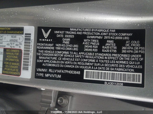 Aukcja sprzedaży 2023 Vinfast Vf 8 Plus, vin: RLLV1AFA7PH003648, numer aukcji: 11859696