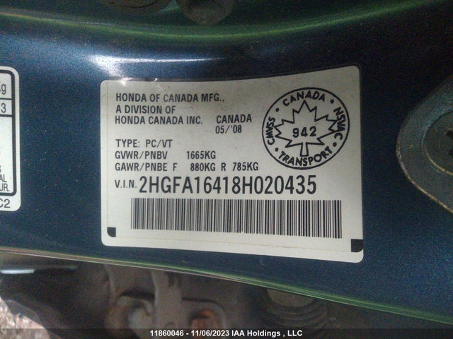 Продаж на аукціоні авто 2008 Honda Civic, vin: 2HGFA16418H020435, номер лоту: 11860046