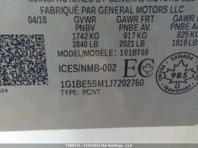 Chevrolet CRUZE LT 2018 1G1BE5SM1J7202760 Image 9