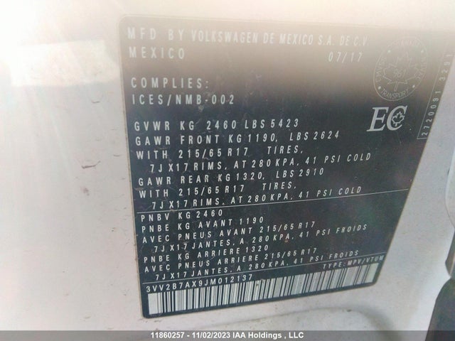 3VV2B7AX9JM012137 Volkswagen Tiguan Comfortline