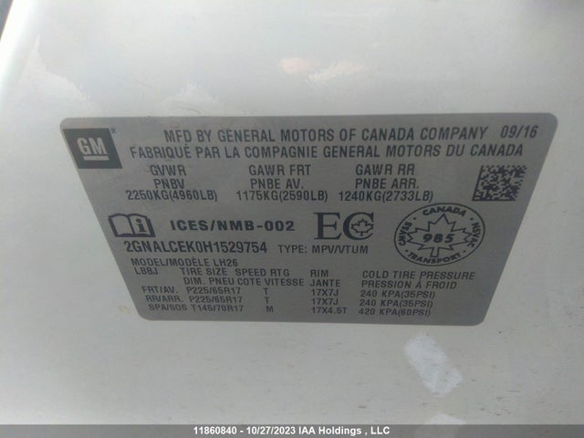 Chevrolet EQUINOX LT 2017 2GNALCEK0H1529754 Image 9