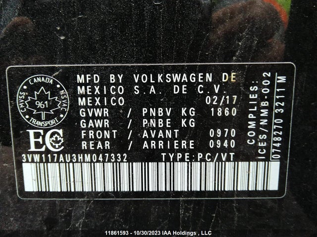 3VW117AU3HM047332 Volkswagen Golf Trendline/highline