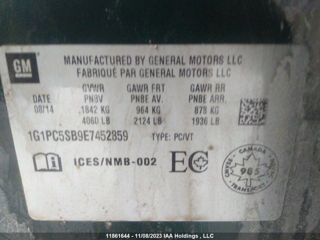 Продажа на аукционе авто 2014 Chevrolet Cruze 1lt, vin: 1G1PC5SB9E7452859, номер лота: 11861644