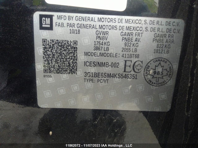 Chevrolet CRUZE LT 2019 3G1BE6SM4KS546351 Image 9