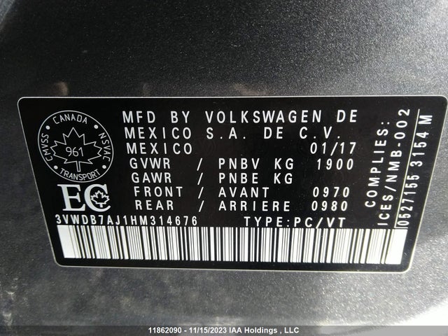 3VWDB7AJ1HM314676 Volkswagen Jetta Sedan Wolfsburg Edition